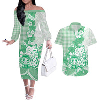 Green Palaka Hawaiian And Japanese Couples Matching Off The Shoulder Long Sleeve Dress and Hawaiian Shirt Maneki Neko And Sakura Bloom