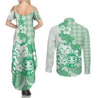 Green Palaka Hawaiian And Japanese Couples Matching Summer Maxi Dress and Long Sleeve Button Shirt Maneki Neko And Sakura Bloom