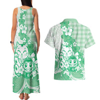 Green Palaka Hawaiian And Japanese Couples Matching Tank Maxi Dress and Hawaiian Shirt Maneki Neko And Sakura Bloom