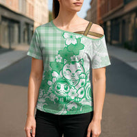 Green Palaka Hawaiian And Japanese Cross Shoulder Shirt Maneki Neko And Sakura Bloom DT05 - Polynesian Pride