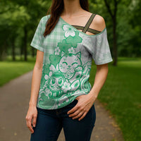 Green Palaka Hawaiian And Japanese Cross Shoulder Shirt Maneki Neko And Sakura Bloom DT05 - Polynesian Pride