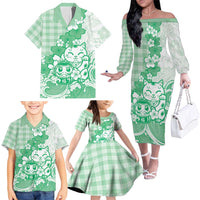 Green Palaka Hawaiian And Japanese Family Matching Off The Shoulder Long Sleeve Dress and Hawaiian Shirt Maneki Neko And Sakura Bloom