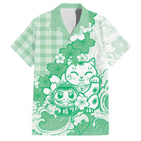 Green Palaka Hawaiian And Japanese Family Matching Off Shoulder Maxi Dress and Hawaiian Shirt Maneki Neko And Sakura Bloom