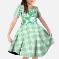 Green Palaka Hawaiian And Japanese Family Matching Off Shoulder Short Dress and Hawaiian Shirt Maneki Neko And Sakura Bloom
