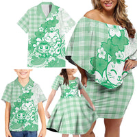 Green Palaka Hawaiian And Japanese Family Matching Off Shoulder Short Dress and Hawaiian Shirt Maneki Neko And Sakura Bloom