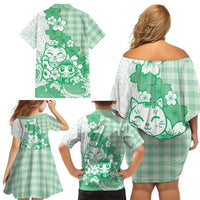 Green Palaka Hawaiian And Japanese Family Matching Off Shoulder Short Dress and Hawaiian Shirt Maneki Neko And Sakura Bloom