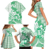 Green Palaka Hawaiian And Japanese Family Matching Short Sleeve Bodycon Dress and Hawaiian Shirt Maneki Neko And Sakura Bloom
