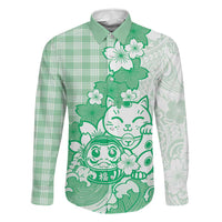 Green Palaka Hawaiian And Japanese Family Matching Short Sleeve Bodycon Dress and Hawaiian Shirt Maneki Neko And Sakura Bloom