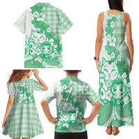 Green Palaka Hawaiian And Japanese Family Matching Tank Maxi Dress and Hawaiian Shirt Maneki Neko And Sakura Bloom
