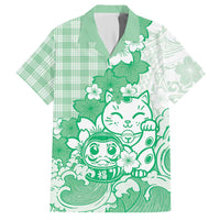 Green Palaka Hawaiian And Japanese Hawaiian Shirt Maneki Neko And Sakura Bloom DT05 Green - Polynesian Pride