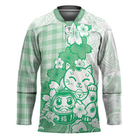 Green Palaka Hawaiian And Japanese Hockey Jersey Maneki Neko And Sakura Bloom DT05 Unisex Green - Polynesian Pride
