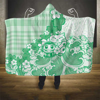 Green Palaka Hawaiian And Japanese Hooded Blanket Maneki Neko And Sakura Bloom DT05 - Polynesian Pride