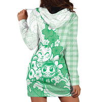 Green Palaka Hawaiian And Japanese Hoodie Dress Maneki Neko And Sakura Bloom DT05 - Polynesian Pride