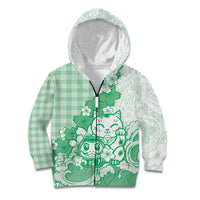 Green Palaka Hawaiian And Japanese Kid Hoodie Maneki Neko And Sakura Bloom DT05 Zip Hoodie Green - Polynesian Pride