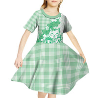 Green Palaka Hawaiian And Japanese Kid Short Sleeve Dress Maneki Neko And Sakura Bloom DT05 - Polynesian Pride