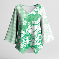 Green Palaka Hawaiian And Japanese Kimono Sleeve Blouse Maneki Neko And Sakura Bloom DT05 Female Green - Polynesian Pride