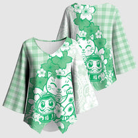 Green Palaka Hawaiian And Japanese Kimono Sleeve Blouse Maneki Neko And Sakura Bloom DT05 - Polynesian Pride
