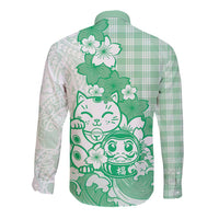 Green Palaka Hawaiian And Japanese Long Sleeve Button Shirt Maneki Neko And Sakura Bloom DT05 - Polynesian Pride