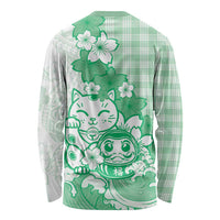 Green Palaka Hawaiian And Japanese Long Sleeve Shirt Maneki Neko And Sakura Bloom DT05 - Polynesian Pride