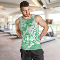 Green Palaka Hawaiian And Japanese Men Tank Top Maneki Neko And Sakura Bloom DT05 Green - Polynesian Pride