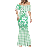 Green Palaka Hawaiian And Japanese Mermaid Dress Maneki Neko And Sakura Bloom DT05 - Polynesian Pride