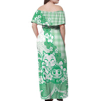 Green Palaka Hawaiian And Japanese Off Shoulder Maxi Dress Maneki Neko And Sakura Bloom DT05 - Polynesian Pride