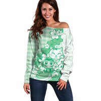 Green Palaka Hawaiian And Japanese Off Shoulder Sweater Maneki Neko And Sakura Bloom DT05 Women Green - Polynesian Pride