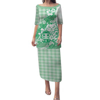 Green Palaka Hawaiian And Japanese Puletasi Maneki Neko And Sakura Bloom DT05 Long Dress Green - Polynesian Pride