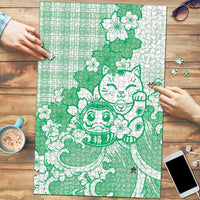 Green Palaka Hawaiian And Japanese Puzzle Maneki Neko And Sakura Bloom DT05 Green - Polynesian Pride