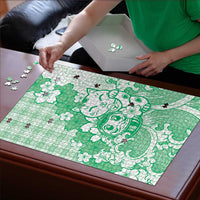 Green Palaka Hawaiian And Japanese Puzzle Maneki Neko And Sakura Bloom DT05 - Polynesian Pride
