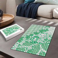 Green Palaka Hawaiian And Japanese Puzzle Maneki Neko And Sakura Bloom DT05 - Polynesian Pride
