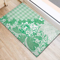 Green Palaka Hawaiian And Japanese Rubber Doormat Maneki Neko And Sakura Bloom DT05 - Polynesian Pride