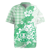 Green Palaka Hawaiian And Japanese Rugby Jersey Maneki Neko And Sakura Bloom DT05 Green - Polynesian Pride