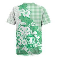 Green Palaka Hawaiian And Japanese Rugby Jersey Maneki Neko And Sakura Bloom DT05 - Polynesian Pride