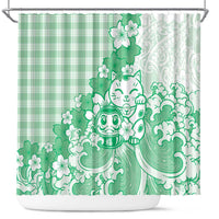 Green Palaka Hawaiian And Japanese Shower Curtain Maneki Neko And Sakura Bloom DT05 Green - Polynesian Pride
