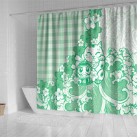 Green Palaka Hawaiian And Japanese Shower Curtain Maneki Neko And Sakura Bloom DT05 - Polynesian Pride