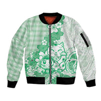 Green Palaka Hawaiian And Japanese Sleeve Zip Bomber Jacket Maneki Neko And Sakura Bloom DT05 Unisex Green - Polynesian Pride