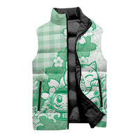 Green Palaka Hawaiian And Japanese Sleeveless Puffer Jacket Maneki Neko And Sakura Bloom DT05 - Polynesian Pride