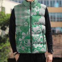 Green Palaka Hawaiian And Japanese Sleeveless Puffer Jacket Maneki Neko And Sakura Bloom DT05 - Polynesian Pride