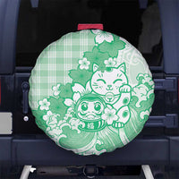 Green Palaka Hawaiian And Japanese Spare Tire Cover Maneki Neko And Sakura Bloom DT05 No hole Green - Polynesian Pride