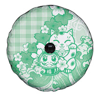 Green Palaka Hawaiian And Japanese Spare Tire Cover Maneki Neko And Sakura Bloom DT05 - Polynesian Pride