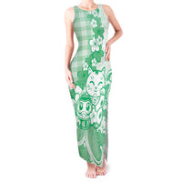 Green Palaka Hawaiian And Japanese Tank Maxi Dress Maneki Neko And Sakura Bloom DT05 Women Green - Polynesian Pride