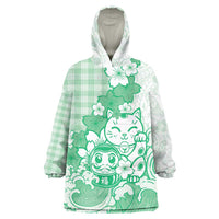 Green Palaka Hawaiian And Japanese Wearable Blanket Hoodie Maneki Neko And Sakura Bloom DT05 One Size Green - Polynesian Pride