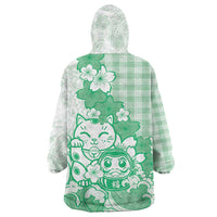 Green Palaka Hawaiian And Japanese Wearable Blanket Hoodie Maneki Neko And Sakura Bloom DT05 - Polynesian Pride