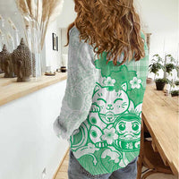 Green Palaka Hawaiian And Japanese Women Casual Shirt Maneki Neko And Sakura Bloom DT05 - Polynesian Pride