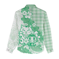 Green Palaka Hawaiian And Japanese Women Casual Shirt Maneki Neko And Sakura Bloom DT05 - Polynesian Pride
