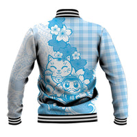 Blue Palaka Hawaiian And Japanese Baseball Jacket Maneki Neko And Sakura Bloom DT05 - Polynesian Pride
