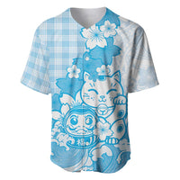 Blue Palaka Hawaiian And Japanese Baseball Jersey Maneki Neko And Sakura Bloom DT05 Blue - Polynesian Pride