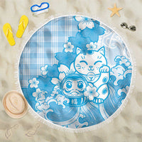 Blue Palaka Hawaiian And Japanese Beach Blanket Maneki Neko And Sakura Bloom DT05 One Size 150cm Blue - Polynesian Pride