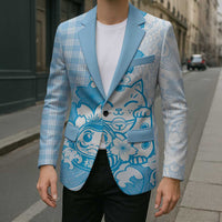 Blue Palaka Hawaiian And Japanese Blazer Maneki Neko And Sakura Bloom DT05 - Polynesian Pride